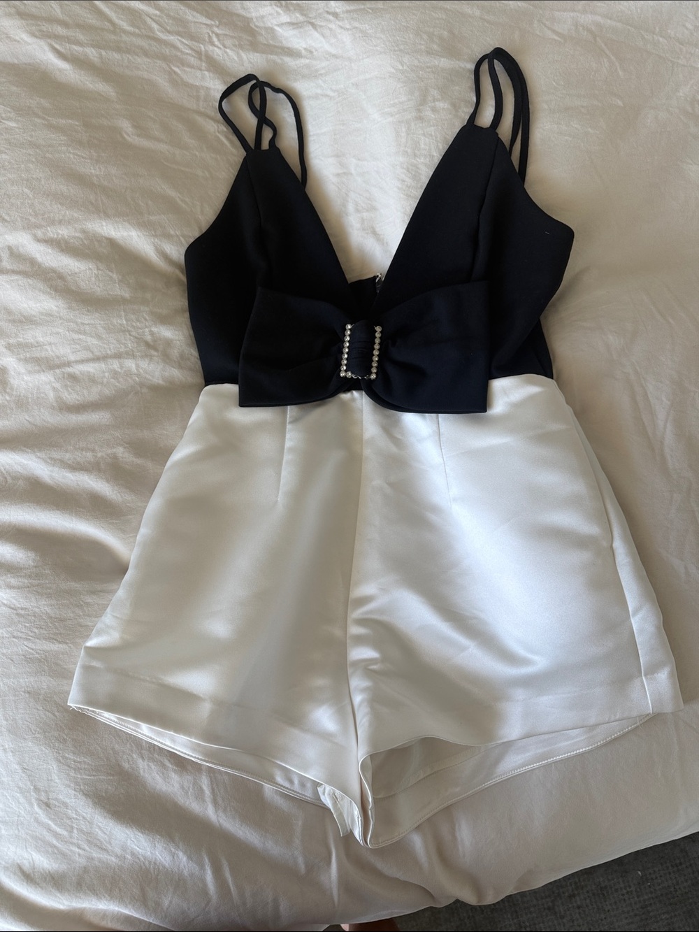 Anthropologie Black & White Bow-Front Romper Shorts